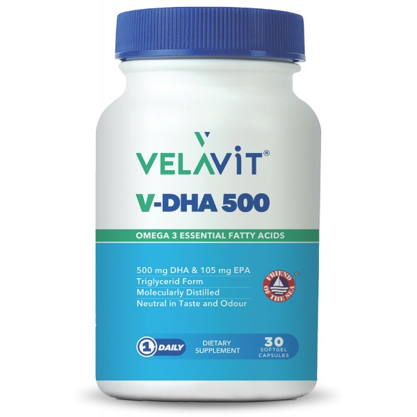 Velavit V-DHA 500 DHA, EPA ve Omega 3 Yağ Asitleri İçeren Takviye Edici Gıda 30 Yumuşak Kapsül