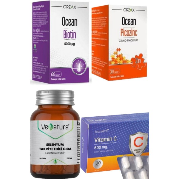 Biotin 60 Kapsül-Çinko 30 tb-Selenyum 90 tb-Vitamin C 30 Tablet Saç-Tırnak İçin Vitamin Set